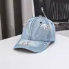 Gorra de Béisbol Europea y Americana de Nuevo Estilo con Remaches Moda Estrella de Cinco Puntas Pedrería Gorra de Mezclilla para Mujer Gorra con Visera de Pedrería Venta al por Mayor en Stock