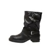 Botas de cano médio plissadas com fivela retrô para mulheres, outono, bico redondo, salto grosso, couro macio, emagrecedoras, botas de cavaleiro, botins versáteis