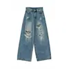 Jeans azules rasgados de pierna ancha para mujer, nuevo estilo otoño 2026, talla grande, corte holgado, adelgazante y con un diseño de pierna recta y fluido