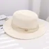 Chapéu de Palha Tecido Elegante Estilo Francês com Topo Plano para Mulheres, Chapéu de Palha com Proteção Solar para Férias na Praia de Verão