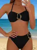 Traje de baño bikini de dos piezas con cuello halter para mujer con decoración de hebilla metálica, parte inferior de natación de cintura alta, traje de baño sexy para fotos de vacaciones en la playa