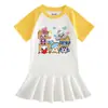 2023 Verão novo estilo coreano roupas infantis desenho animado meia manga vestido de menina cor contrastante bebê menina estilo ocidental saia plissada