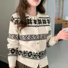 Conjunto estilo coreano, jovem e retrô, com blocos de cor, cardigã de tricô 100% lã para mulheres, outono/inverno, gola redonda, casaco suéter moderno e estiloso