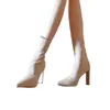 Botines Cortos Estilo Tweed 1 Punta Fina Color Nude para Mujer Otoño e Invierno Nuevos Botines de Tacón Alto Aspecto Adelgazante Media Pantorrilla Gamuza Elásticos Estrechos