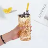 Taza de café de vidrio de alto valor estilo Ins, taza de oficina, taza para sorber para el hogar, taza de bambú para beber leche