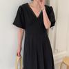 Vestido Francês Elegante com Decote em V, Renda nas Laterais, Cinto na Cintura e Mangas Bufantes, 3 Cores