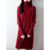 Vestido de Tricô Gola Alta 100% Lã Novo Outono/Inverno 2026 Manga Longa Feminino Cor Sólida Solto Bolso Duplo Comprimento Médio