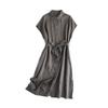 Método Paso de Penny Lino Puro Solapa Cubierta Hombro Manga Corta Cinturón Artístico Commuter Elegante Camisa Vestido de Longitud Media