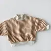 Sudadera de algodón a rayas estilo coreano para bebé y niño pequeño, con forro polar, cuello alto medio, unisex, corte holgado, manga larga
