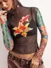 Top de malla retro de manga larga transfronterizo europeo y americano más vendido para mujer, con bloques de color patchwork y un diseño semitransparente, moderno y de longitud corta