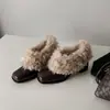 2026 Invierno Punta Cuadrada Peludos Sin Cordones Retro Más Terciopelo Cálidos Mary Janes Zapatos Pequeños de Cuero Zapatos de Algodón Tacón Grueso Zapatos Individuales