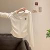 Camiseta de Manga Larga con Cuello Polo en el Hombro Derecho para Mujer, Estilo Dulce y Picante de Principios de Primavera, Top Ajustado de Manga Larga con Cintura Fruncida y Pliegues, Corto