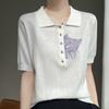 Verano Nueva Llegada Estambre Seda de Morera Lana Tejido Camiseta Manga Corta para Mujer Cuello POLO Gato Bordado Top Delgado Manga Media