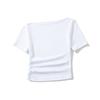 BT886-25 Primavera Novo Estilo Europeu e Americano Sexy Spice Girl Ombro Inclinado Design Lateral Plissado Slim-fit Camiseta de manga curta