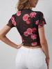 Camiseta Transpirable de Verano 2026 con Estampado Floral de Malla y Volantes de Manga Corta, Top Adelgazante para Mujer