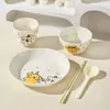 Tigelas de Arroz Cerâmicas Fofas e Estilosas com Design de Cachorro Creme, Louça para Casal, Cor Sob Esmalte, Conjunto de Tigela e Colher Doméstico