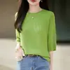Top de Punto Minimalista de Lujo Ligero con Cuello Redondo y Media Manga para Mujer, Camiseta de Manga Corta, Top Fino Transpirable de Manga Media, Capa Base