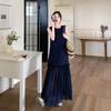 Traje de dos piezas, Elegante 2025 Reductor de edad, Versátil, Cómodo y de Alta Calidad Vestido Azul Oscuro con Empalme de Malla