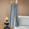 Calça de Lã Pura Australiana Grossa Outono/Inverno Cintura Alta Perna Larga Feminina Extra Longa Casual Caimento Fluido Perna Reta Comprimento Total