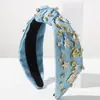 He Ming Tiara Novo Estilo Tecido Jeans com Strass, Laço de Flor, Pentagrama, Botas, Chapéu, Acessório de Cabelo Largo Amarrado