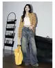 Jeans Azul Lavado Wide-Leg Nostálgico Retrô para Mulheres, Calça de Cintura Alta Reta Solta Estilo Americano Modeladora para Corpo em Pera, Comprimento Total