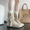 Nova Coleção de Outono 2026: Botas de Cano Curto Femininas em Camurça Cor Creme com Laço, Solas Macias para Conforto, Bico Redondo Estilo Francês, Design Ajustado