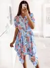 Vestido curto de manga curta com estampa, abotoamento simples e amarração na cintura, moda feminina europeia e americana mais vendido no eBay, AliExpress, Amazon