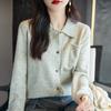 Outono e Inverno Cardigã de Lã Pura com Tachas Feminino Lapela Solto Casaco Suéter Tricotado Gola Polo Caxemira Roupa Exterior