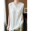 Camiseta sin mangas de encaje de alta gama estilo francés con cuello en V, dobladillo irregular y camisola satinada de corte holgado para mujer