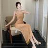 Verão 2025 Transfronteiriço Estilo Francês Nude Strass Super Brilhante Look Emagrecedor Vestido de Alças Luxo Acessível Vestido High-End