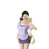 Camisa levemente transparente, saia afunilada, camada interna, lindo design nas costas, conjunto de verão com bojo embutido, saia roxa com etiquetas