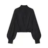 Venta al por mayor de ropa de mujer transfronteriza: Camisa de Globo Plisada Semitransparente para Mujer, Nuevo Diseño de Invierno, Elegante Top de Cuello Alto