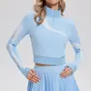 Primavera de 2026 Novo Top Esportivo Feminino de Manga Longa com Cores Contrastantes, Gola Alta, Meio Zíper, Fitness, Elástico, Toque de Pele, Roupa de Tênis