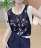 Top de Punto de Hielo de Manga Corta Bordado en Contraste de Color para Mujer, Nueva Moda Veraniega Tendencia 2026 Elegante Blusa de Manga Volante para Mujer
