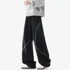 Calça casual esportiva de outono, calça masculina estilo americano com costura aparente, novo modelo resistente de corte solto, tamanho grande, corte reto com cores contrastantes