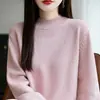 Primavera 2026 Nuevo Estilo Algodón Puro Engrosado Cuello Medio Alto Tejido Estilo Coreano Manga Larga Color Sólido Holgado Versátil Camiseta Básica para Mujer