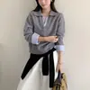 Outono 2025 Moda Coreana Nova Design para o Trabalho Costura Listras Contraste Falso Duas Peças Suéter Quente