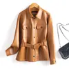 Jaqueta de couro feminina Haining, comprimento médio, gola alta, cadarço na cintura, novo estilo outono e inverno, elegante casaco de pele de carneiro