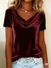 2026 Moda Feminina Nova Cor Sólida Gola Redonda Manga Curta Sexy Veludo Camiseta Cruzada Europeia e Americana Amazon Site Independente