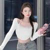 Tops de Chica Caliente 2024 Suéter de Mujer Diseño Pin Halter Hombro Descubierto Cuello de Piel Cintura Alta Manga Larga Suéter de Mujer