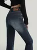 Jeans Flares Elásticos Slim-Fit de Cintura Alta com Design Único para Mulheres, Comprimento Estendido, Qualidade de Exportação