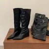 [] Botas altas de tacón de cuña de punta retro francesa de dos vías para mujer, botas de caña alta para otoño e invierno, botas largas para pierna de pantalón