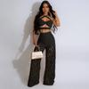 CY901285 Top de tirantes sexy de dos piezas con flores quemadas y pantalones anchos calados para mujer