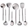 Juego de ocho piezas de espátulas de acero inoxidable grueso para uso doméstico, ideales para la cocina. Incluye cuchara para sopa, colador y demás utensilios de cocina.