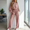 Conjunto de sudadera casual de moda de alta gama de color liso, manga corta y larga, y pantalones anchos elásticos, nuevo para otoño e invierno 2026 en Europa y América