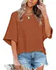 2026 Amazon Transfronterizo Verano Nuevo Estilo Europeo y Americano Patchwork Color Sólido Cuello Redondo Holgado Top Camiseta con Mangas de Tres Cuartos Acampanadas