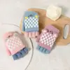 Luvas de Ciclismo Versáteis Estilo Coreano com Tampa Dobrável para Outono e Inverno para Estudantes, Luvas Sem Dedos Checkerboard com Orelha de Urso, Luvas Quentes com Tampa Dobrável de Dedo Dividido
