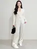 Conjunto de Moda Miyake: Cárdigan de punto de alta gama hecho a mano con pliegues y cuello en V de un solo botón para primavera, nuevo conjunto de dos piezas ajustado con pantalones de pierna ancha