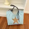 Bolsa Tote de Lona Estilo Coreano Estrela de Cinco Pontas Alça de Ombro Trançada com Cordão Grande Capacidade Bolsa de Ombro Único Bolsa para Estudante Aula Trajeto Feminina