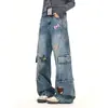Jeans Cargo Bordados Americanos Nuevos Otoño 2025 para Hombre, Holgados, Multibolsillos, Pierna Ancha tipo Cimitarra, Cargo Largos